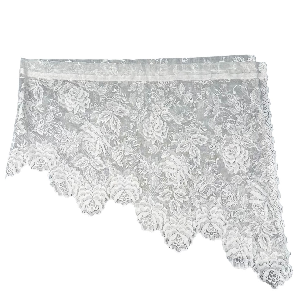 Vintage White Floral Rose Lace Curtain Valance Scalloped Cottagecore 70x30